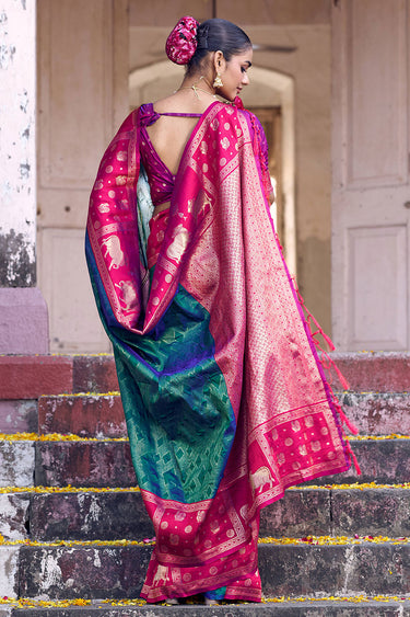 Engaging Teal Color Silk Fabric Saree With Weaving Work