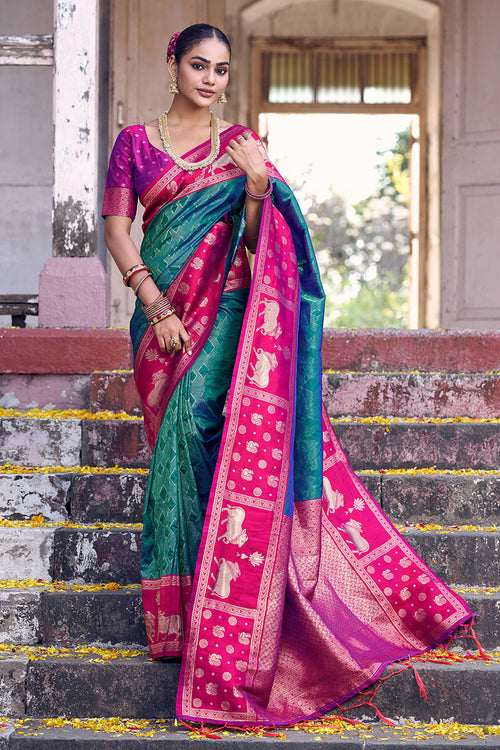 Engaging Teal Color Silk Fabric Saree With Weaving Work