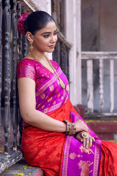 Red Color Weaving Work On Silk Fabric Chic Saree