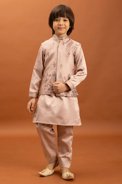 Satin Peach Traditional Wear Boys Fancy Readymade Kurta Pyjama With Jacket