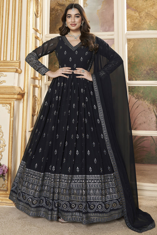 Navy Blue Color Foil Printed Readymade Gown With Dupatta