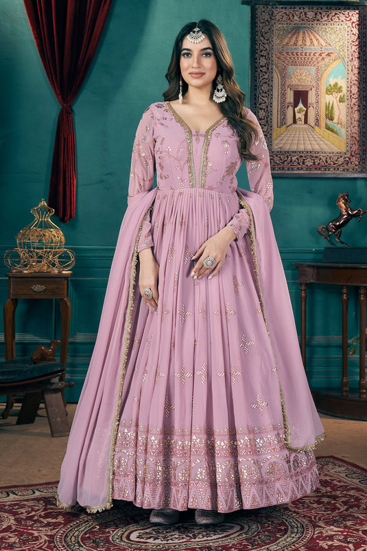 Pink Color Fashionable Readymade Gown With Dupatta In Georgette Fabric