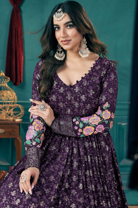 Georgette Fabric Magnificent Readymade Gown With Dupatta In Purple Color