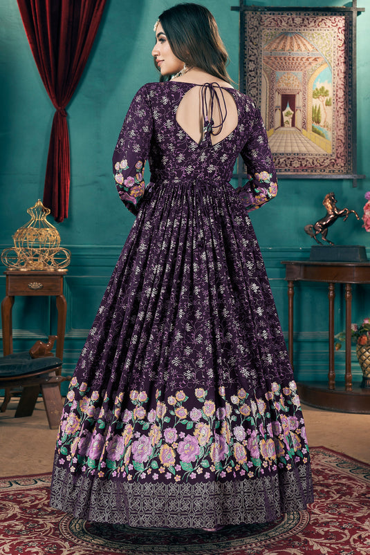 Georgette Fabric Magnificent Readymade Gown With Dupatta In Purple Color