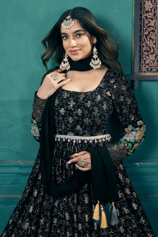 Black Color Luminous Readymade Gown With Dupatta In Georgette Fabric
