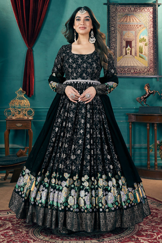 Black Color Luminous Readymade Gown With Dupatta In Georgette Fabric