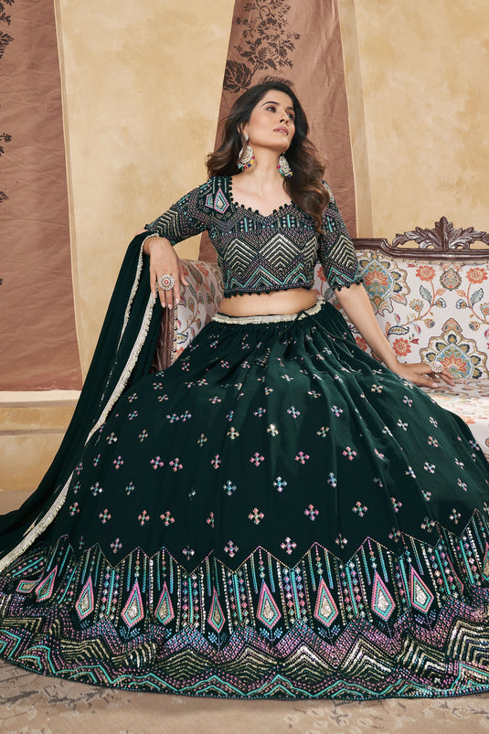 Heavy Georgette Fabric Fancy Work On Green Color Readymade Lehenga