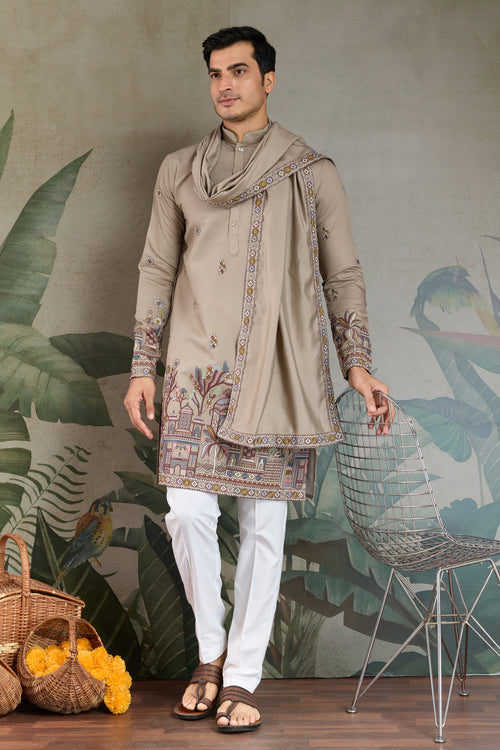 Beige Sequins Embroidery Viscose Silk Readymade Men Kurta With Dupatta