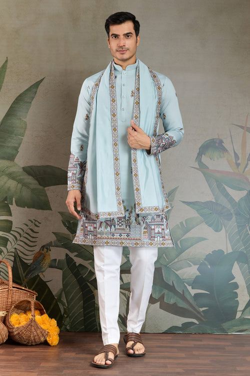 Sequins Embroidery Sky Blue Viscose Silk Graceful Readymade Men Kurta With Dupatta