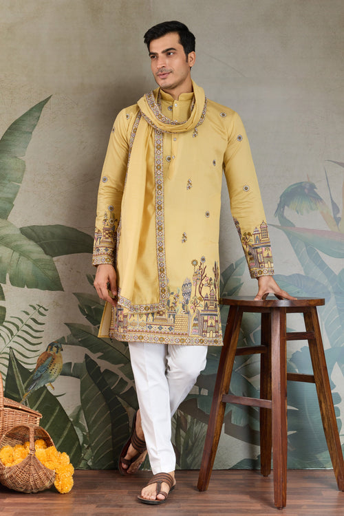 Yellow Readymade Sequins Embroidery Men Kurta With Dupatta