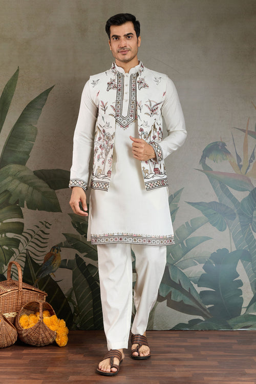 Viscose Silk White Sangeet Wear Readymade Designer Men Kurta Pyjama With Jacket