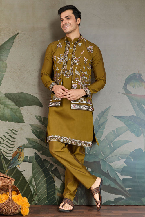 Olive Gorgeous Viscose Silk Sangeet Wear Readymade Kurta Pyjama For Men With Jacket