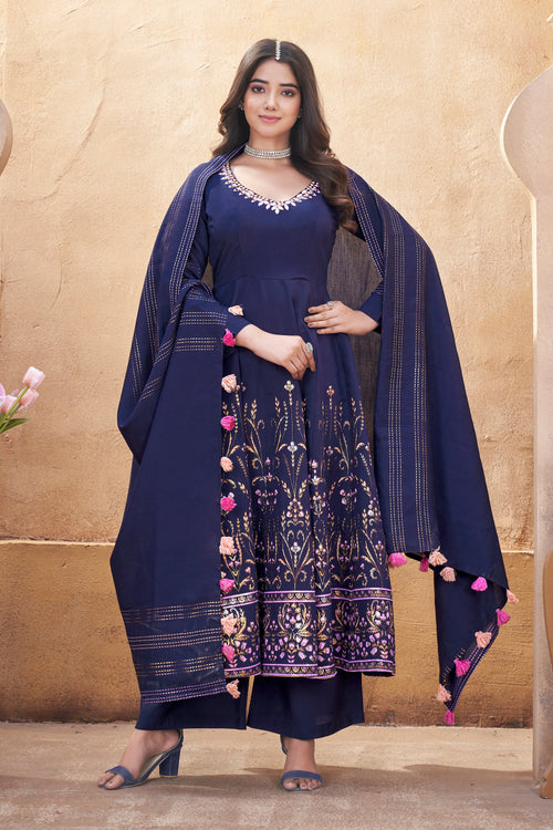 Navy Blue Color Art Silk Foil Print Readymade Palazzo Suit