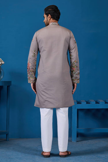 Viscose Silk Grey Sangeet Wear Readymade Designer Men Kurta