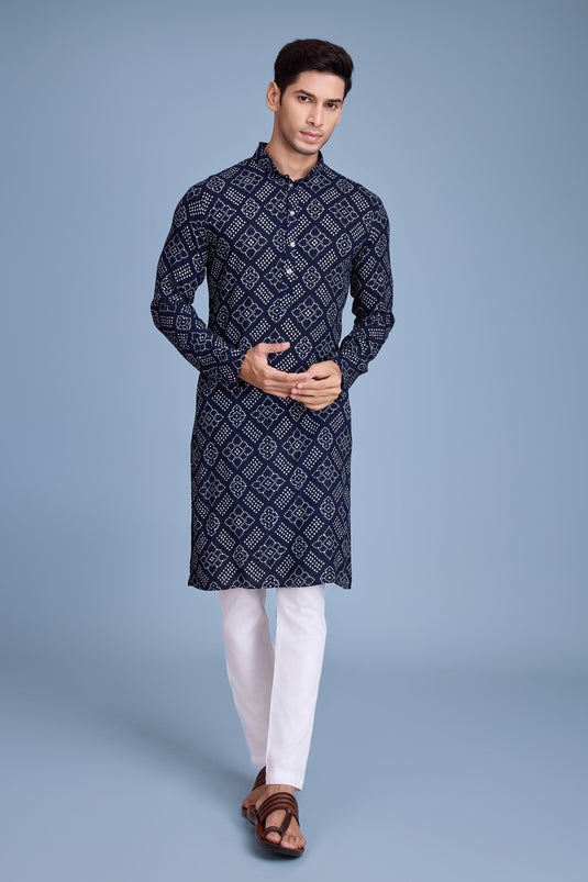 Navy Blue Color Rayon Fabric Function Wear Readymade Men Kurta