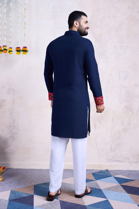 Sangeet Wear Readymade Kurta For Men In Rayon Fabric Navy Blue Color