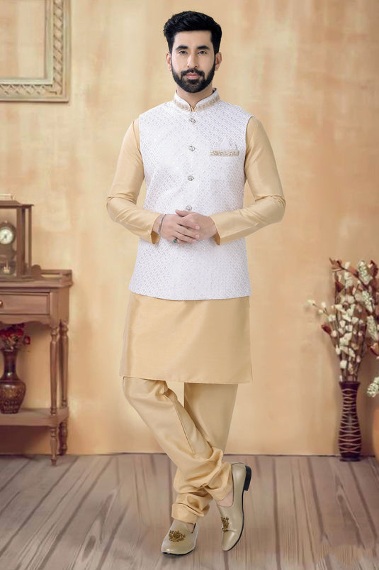 Reception Wear Readymade Cream Color Art Silk Fabric Beautiful Kurta Pyjama For Men With 3 Pcs Jacket Set