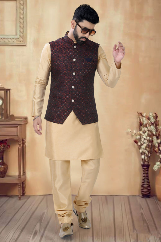 Cream Art Silk Fabric Sangeet Wear Trendy Readymade Kurta Pyjama For Men With Jacket Set