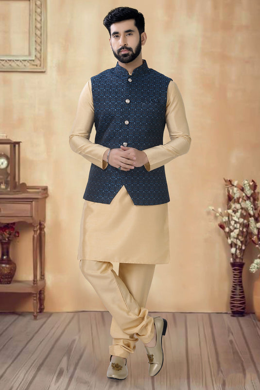 Stunning Cream Color Function Wear Readymade Men Kurta Pyjama With Jacket