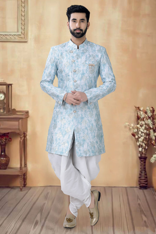 Silk Fabric Sky Blue Color Festive Wear Readymade Stunning Indo Western For Men