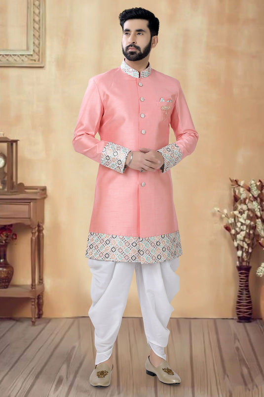 Silk Fabric Wedding Wear Readymade Pretty Pink Color Indo Western For Men