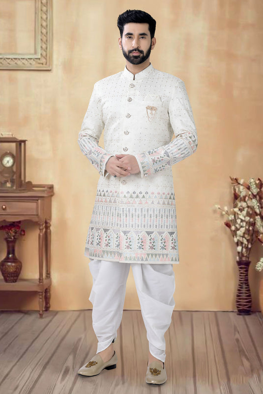 Silk Beautiful Off White Color Wedding Wear Readymade Indo Western For Men