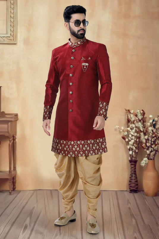 Maroon Silk Graceful Readymade Men Indo Western