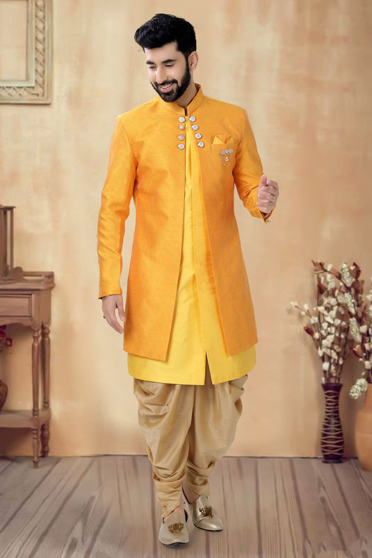 Yellow Color Silk Fabric Readymade Men Indo Western