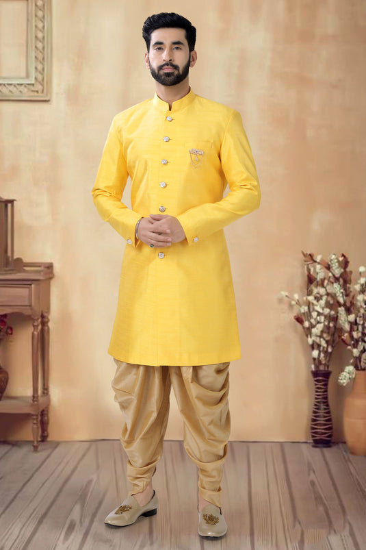 Silk Yellow Color Wedding Wear Readymade Indo Western For Men