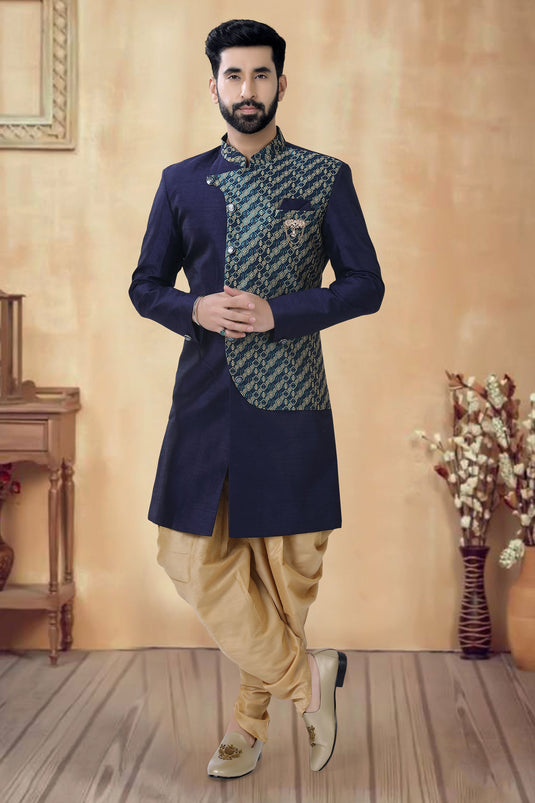 Silk Fabric Navy Blue Color Festive Wear Trendy Readymade Men Indo Western