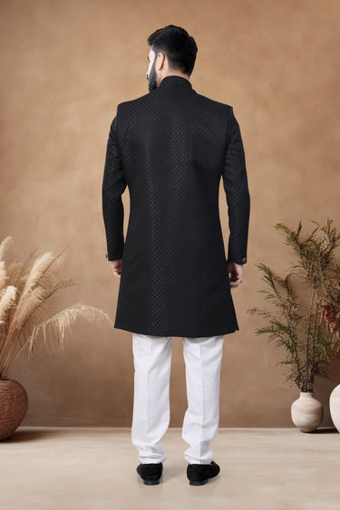 Jacquard Black Wedding Wear Pretty Readymade Indo Western For Men