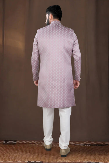 Pink Jacquard Wedding Wear Readymade Indo Western For Men