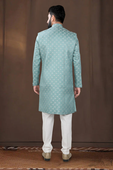 Jacquard Green Wedding Wear Readymade Lovely Indo Western For Men