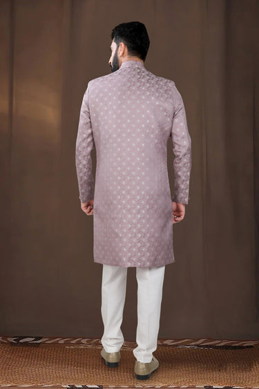 Pretty Jacquard Wedding Wear Readymade Men Indo Western In Pink Color