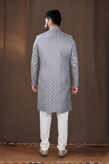 Beautiful Grey Wedding Wear Readymade Indo Western For Men In Jacquard Fabric