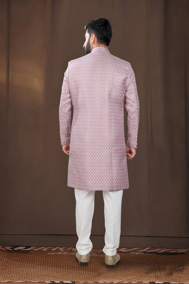 Pink Jacquard Graceful Readymade Men Indo Western For Wedding Function