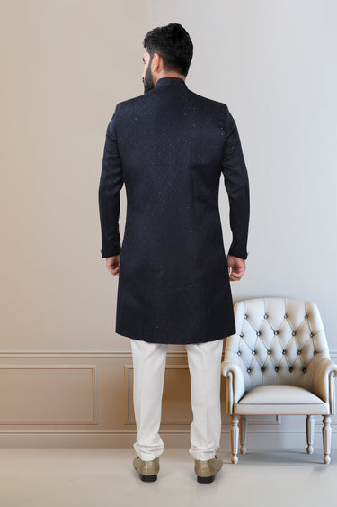 Fancy Fabric Navy Blue Wedding Wear Readymade Designer Men Indo Western
