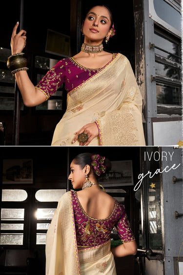 Viscose Silk Beige Weaving Border Work Function Wear Saree