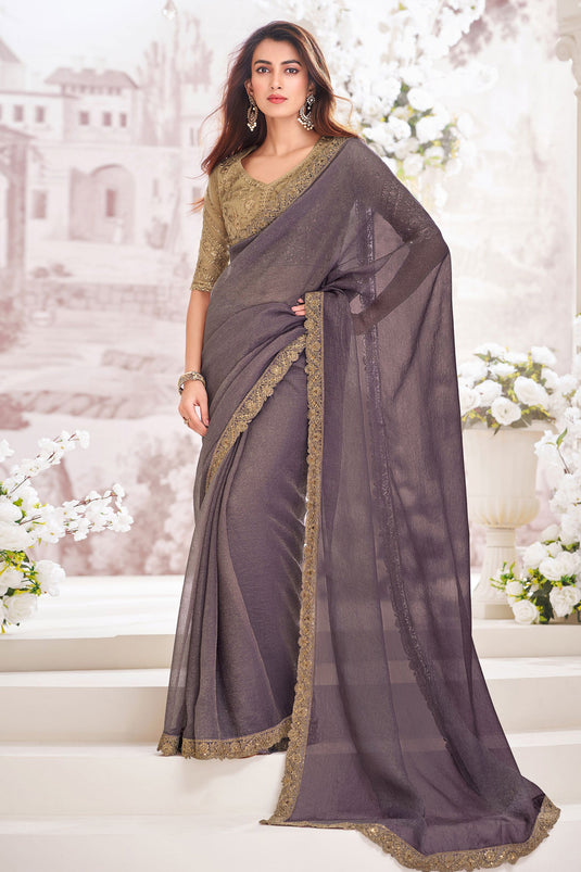 Lavender Color Festive Wear Georgette Fabric Embroidered Saree