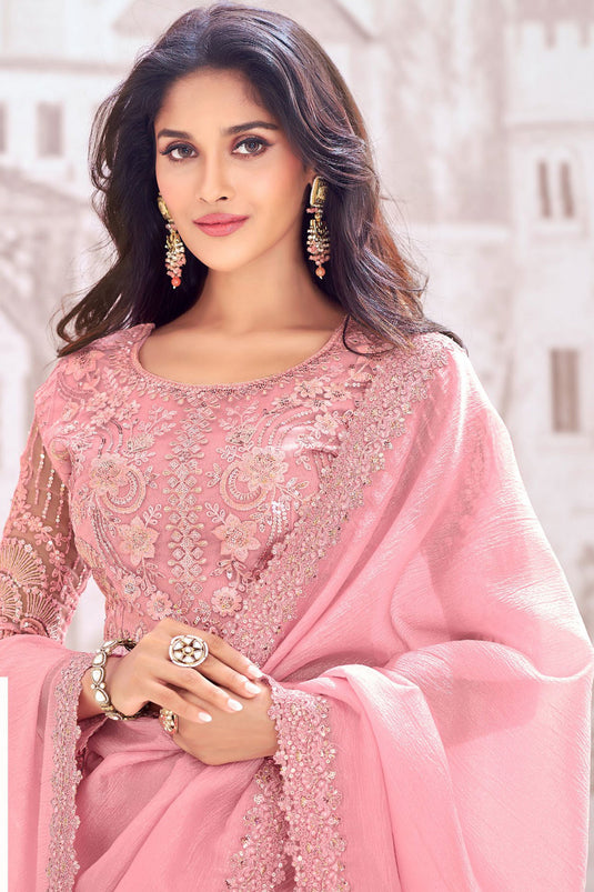 Function Wear Chiffon Fabric Pink Color Embroidered Saree