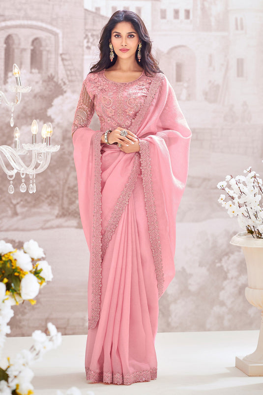 Function Wear Chiffon Fabric Pink Color Embroidered Saree