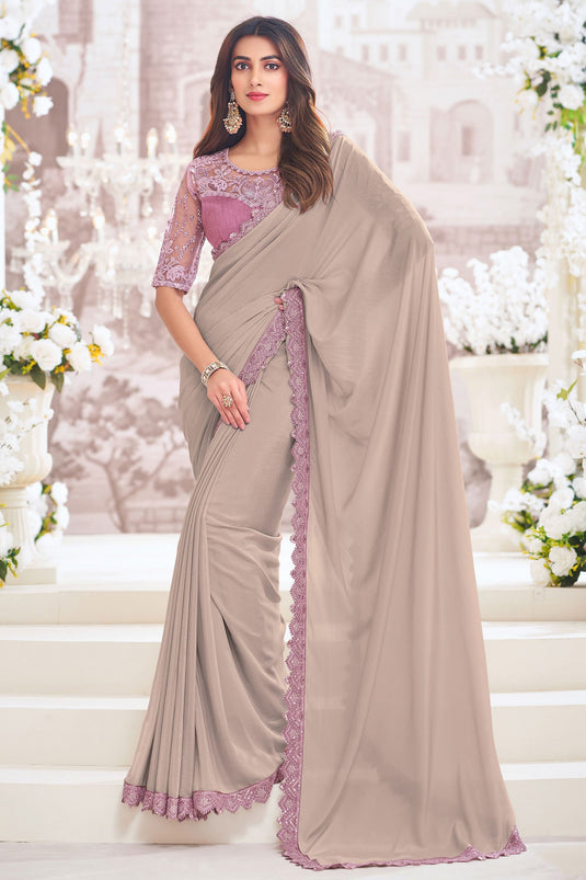 Dark Beige Color Chiffon Fabric Embroidered Saree