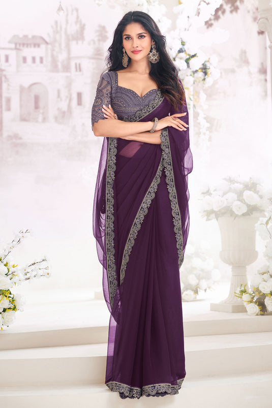 Purple Color Chiffon Fabric Embroidered Saree