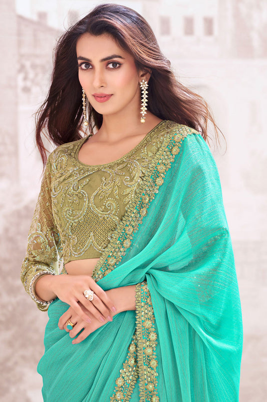 Exclusive Georgette Fabric Cyan Color Embroidered Saree