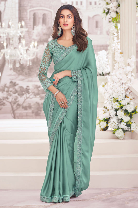 Festive Wear Sea Green Color Satin Fabric Embroidered Saree