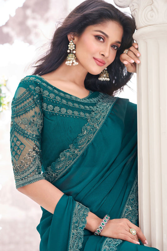 Georgette Fabric Teal Color Embroidered Saree