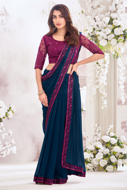 Navy Blue Color Chiffon Fabric Festive Wear Embroidered Saree