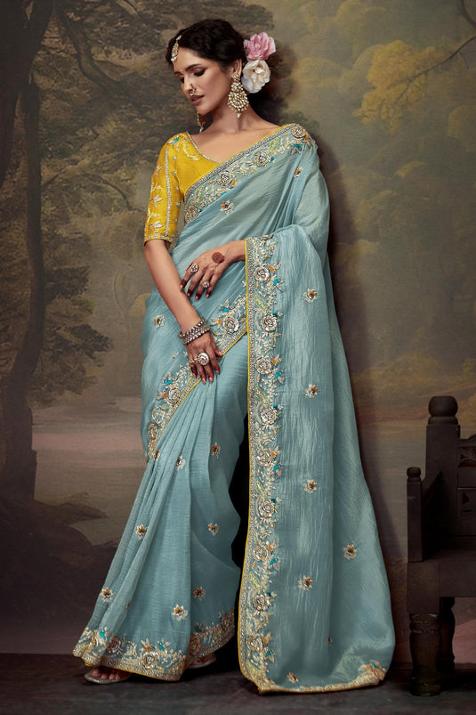 Exquisite Sky Blue Color Silk Festive Wear Saree