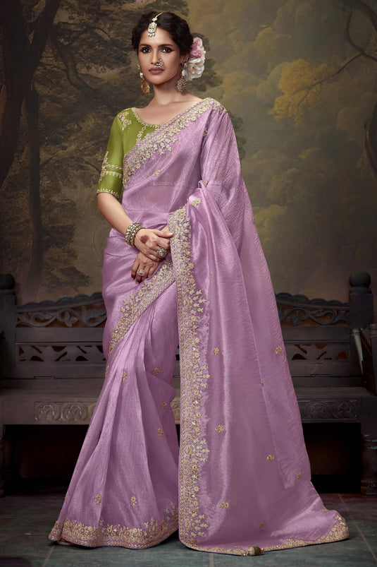 Charming Lavender Silk Festive Saree With Embroidered Border