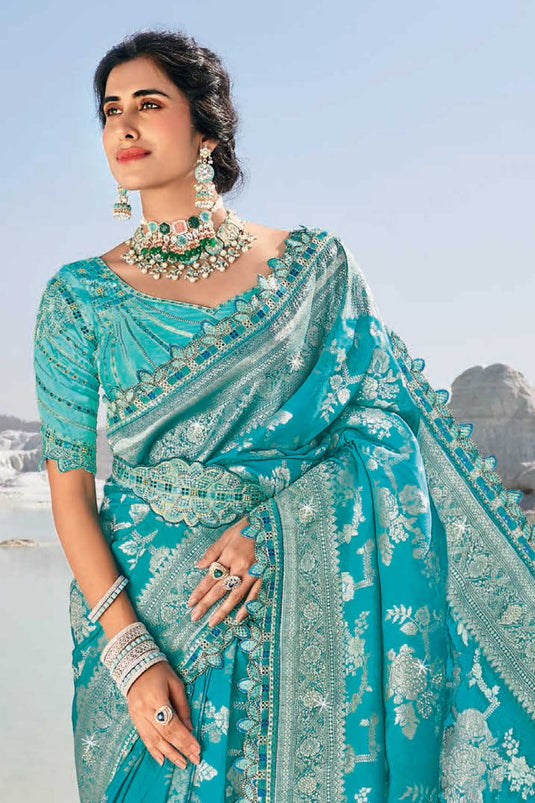 Amazing Cyan Color Silk Fabric Wedding Wear Saree